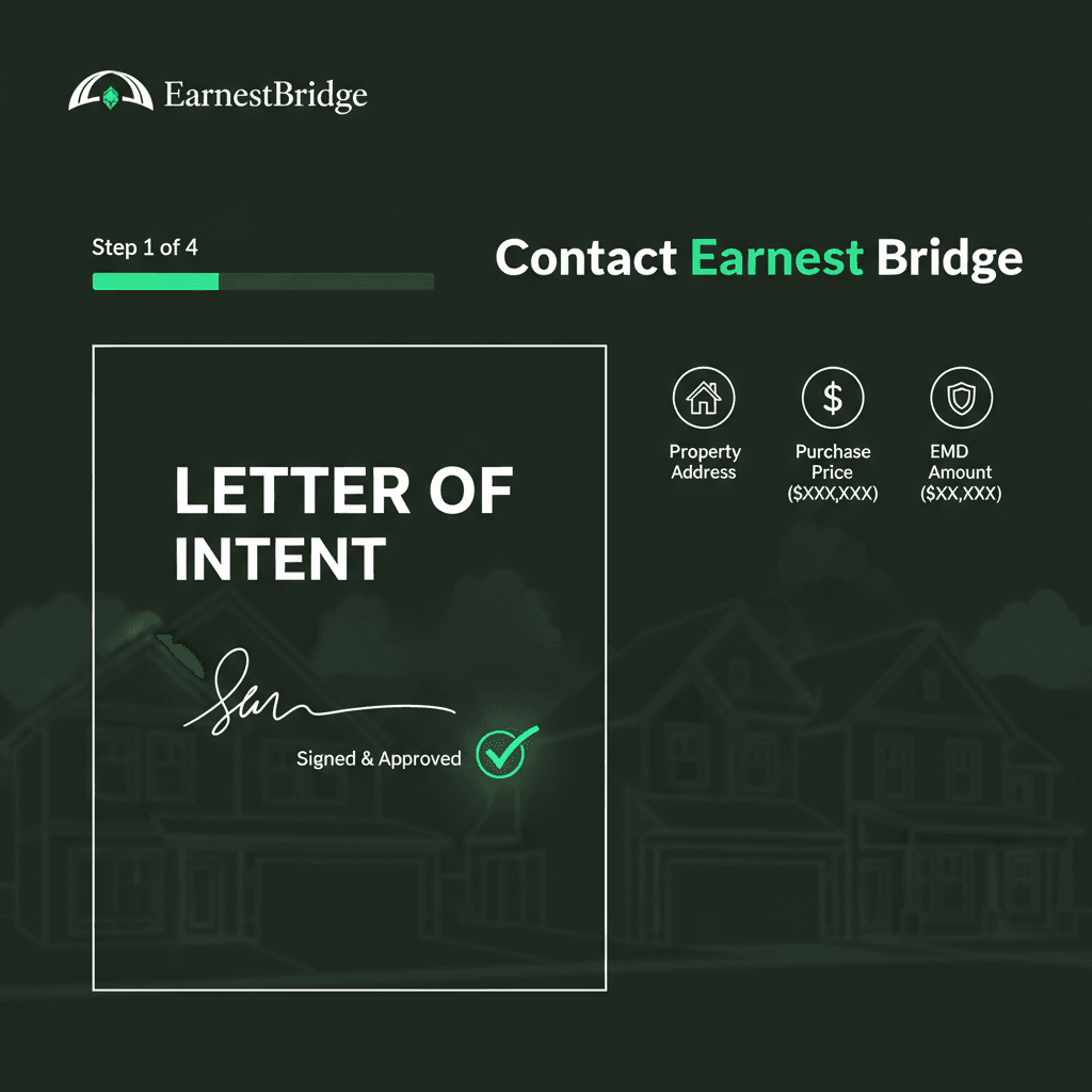 EarnestBridge fintech dashboard showing Letter of Intent signing process with digital document and property details