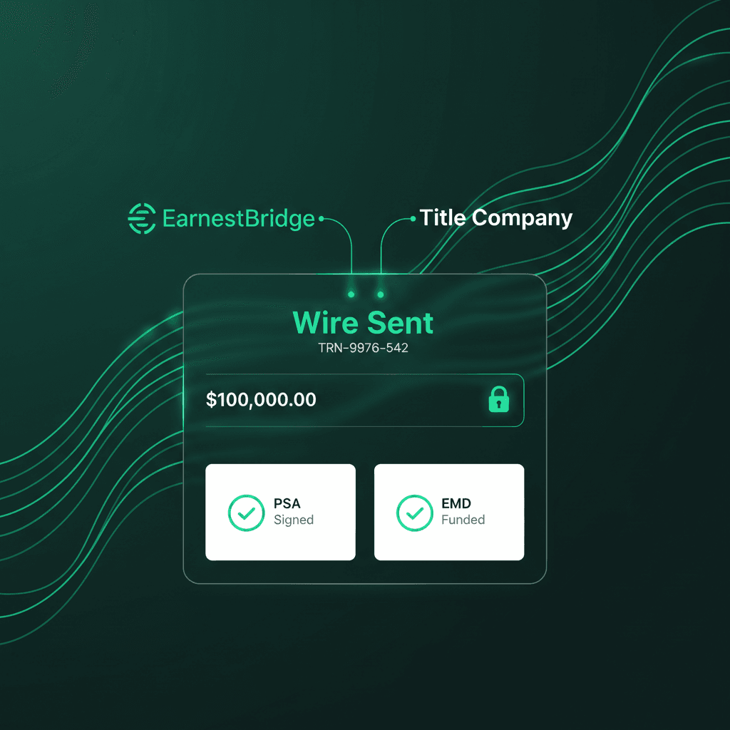 EarnestBridge fintech wire transfer visualization showing EMD funds sent to title company with confirmation