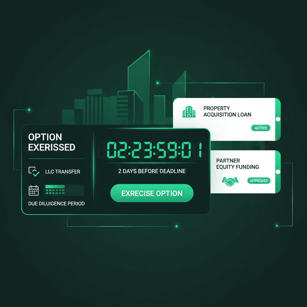 EarnestBridge fintech option exercise interface showing countdown timer and LLC transfer with due diligence deadline