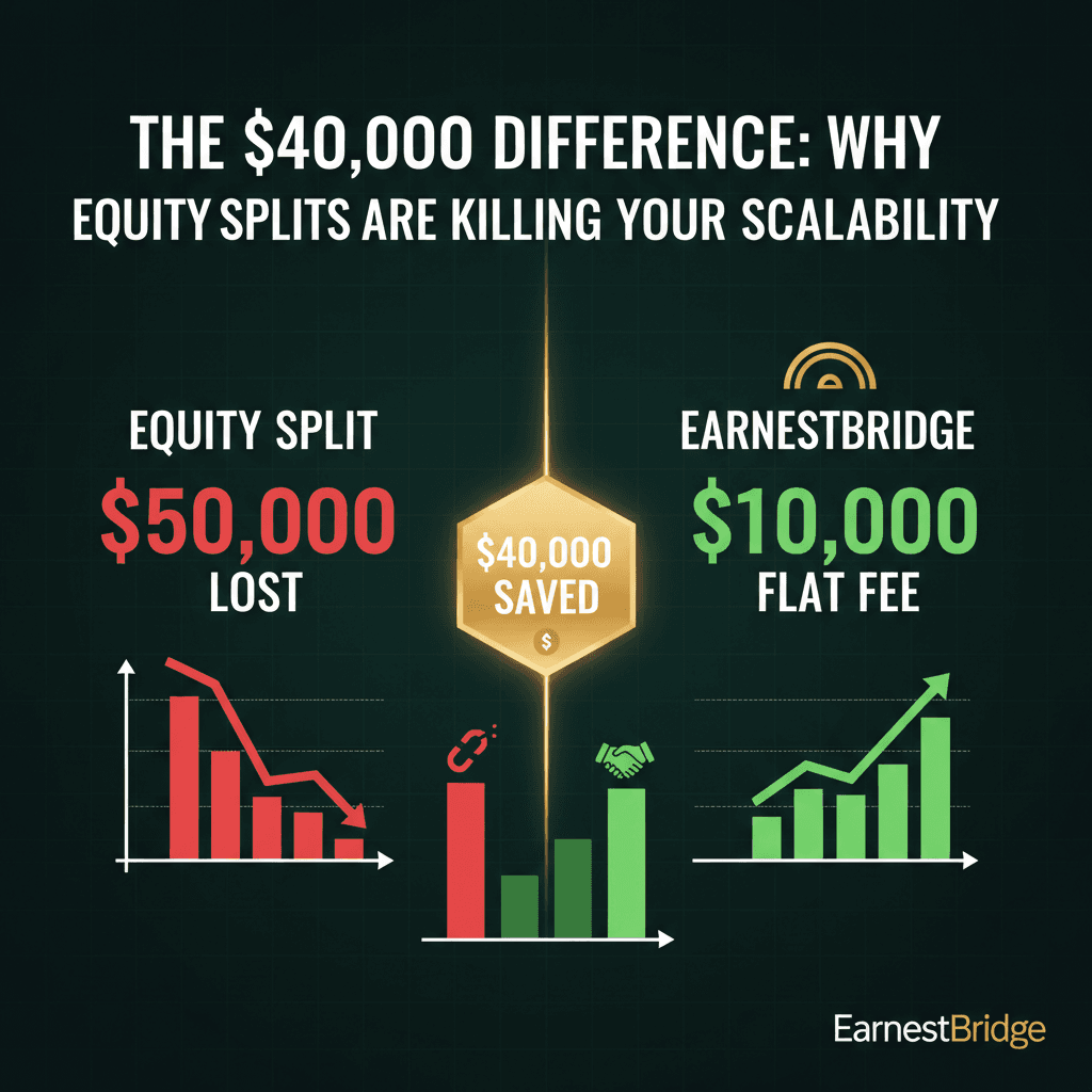 Side-by-side cost comparison showing equity split costing $50,000 versus EarnestBridge flat fee of $10,000, with $40,000 saved badge highlighted in gold