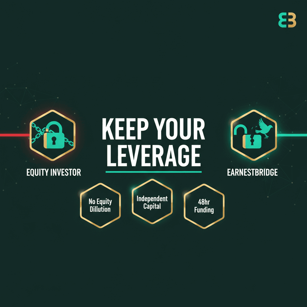 Comparison of equity investor leverage path versus EarnestBridge independent EMD financing path, showing freedom from equity dilution with No Equity Dilution and 48hr Funding cards