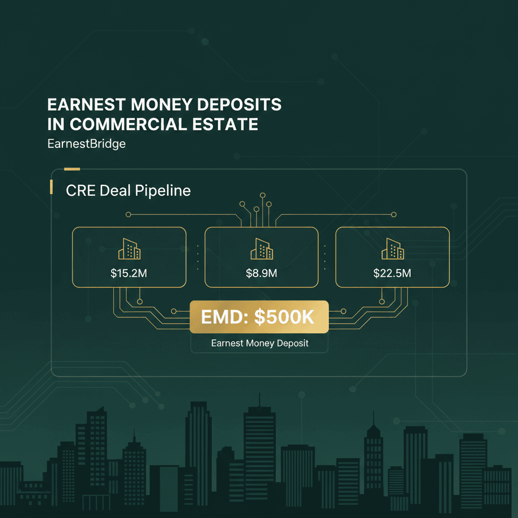 Commercial real estate skyline with digital CRE deal pipeline dashboard and EMD financing badge showing $500K earnest money deposit on dark green fintech background
