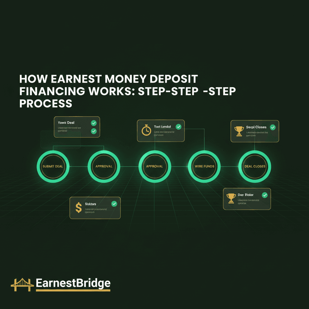 Step-by-step EMD financing process flow diagram showing Submit Deal, Approval, Wire Funds, and Deal Closes stages with EarnestBridge branding