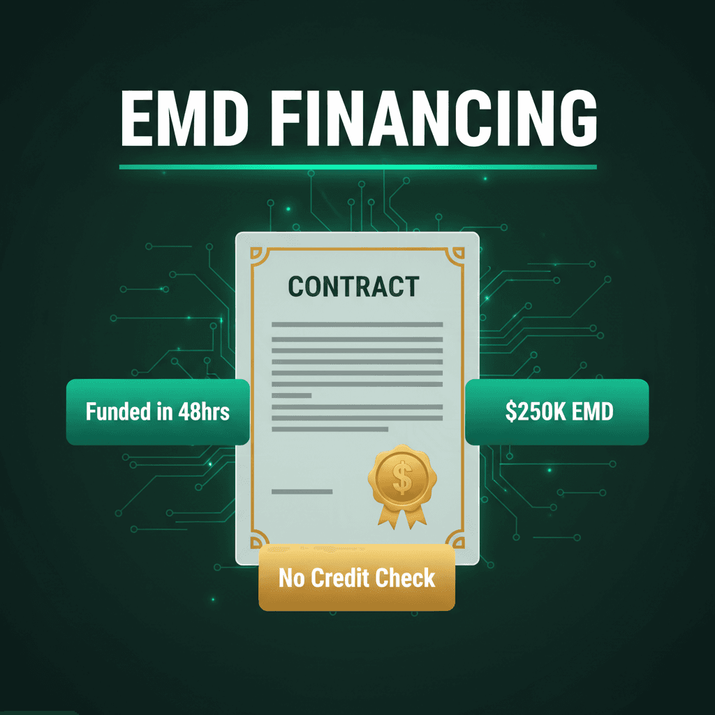 EarnestBridge EMD financing dashboard showing funded deal cards, contract documents, and 48-hour funding badge on dark green fintech background